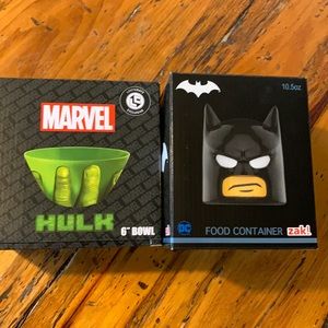 Marvel hulk bowl and Dc Zak! Batman food container